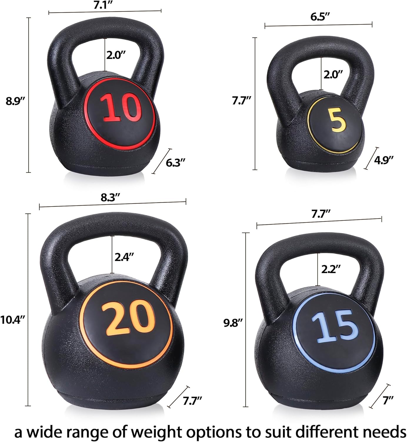 4-Piece Wide Grip Kettlebell Set, Strength Training kettlebells, 5 lbs 10 lbs 15 lbs and 20 lbs, Exercise Fitness Concrete Weight, Full Body HIIT Workout