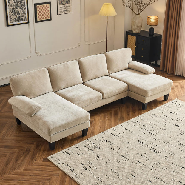VINGLI 110" Sectional Couches for Living Room,U Shaped Couch with Double Chaise, 4-Seat Sofa Set with Chenille Fabric for Home Furniture,Beige