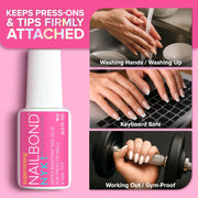 Super Strong Nail Glue for Press On Nails, Nail Tips & Acrylic Nails (8ml) NYK1 NailBond Brush On Glue for Press Ons, Tips & Acrylics - Long Lasting, Maximum Strength, Mess-Free Application