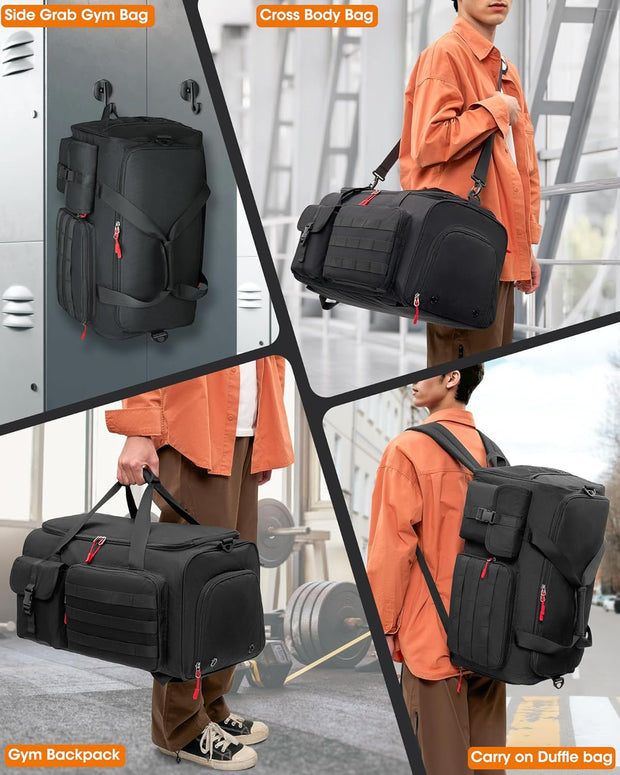 RAINSMORE Gym Bag for Men, 45L Sports Travel Duffel Bag with Shoe & Laptop Compartment, Gym Workout Backpack Carry On Weekender Bag Overnight Backpack for Travel, Black