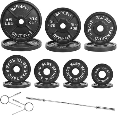 Olympic 2-Inch Cast Iron Barbell Set, 5FT/7FT Olympic Barbell with 85LB-255LB Weight Plates, Multiple Packages