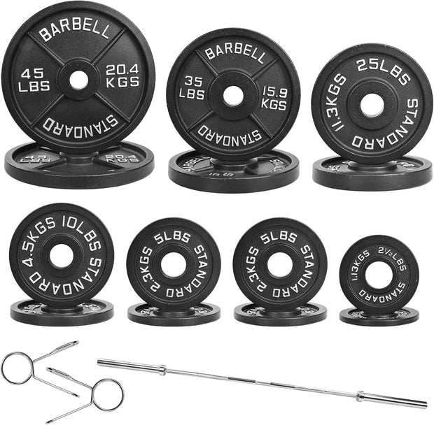 Olympic 2-Inch Cast Iron Barbell Set, 5FT/7FT Olympic Barbell with 85LB-255LB Weight Plates, Multiple Packages