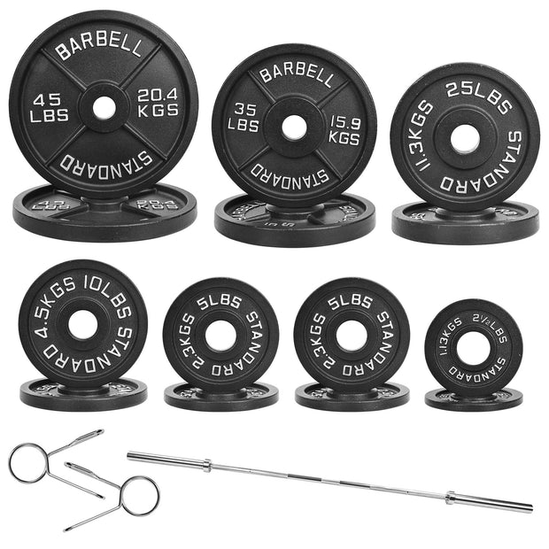 Olympic 2-Inch Cast Iron Barbell Set, 5FT/7FT Olympic Barbell with 85LB-255LB Weight Plates, Multiple Packages