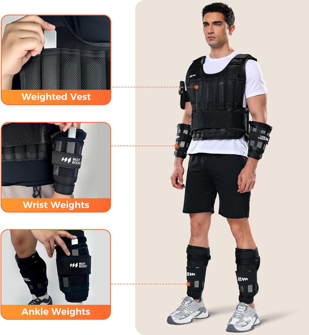 Weighted Vest Men 20lb/30lb/40lb/50lb/60lb Adjustable Weight Vest with Steel Plates Weights for Walking Strength Training Running Workout