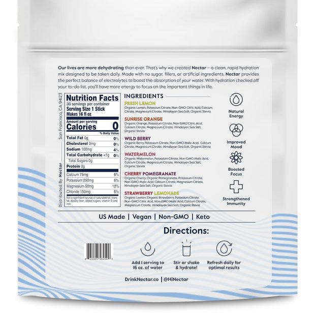 Nectar Hydration Packets - Electrolytes Powder Packets - Sugar Free & 0 Calorie - Organic Fruit Liquid Daily IV Hydrate Packets for Dehydration Relief and Rehydration (Variety 30 Pack)