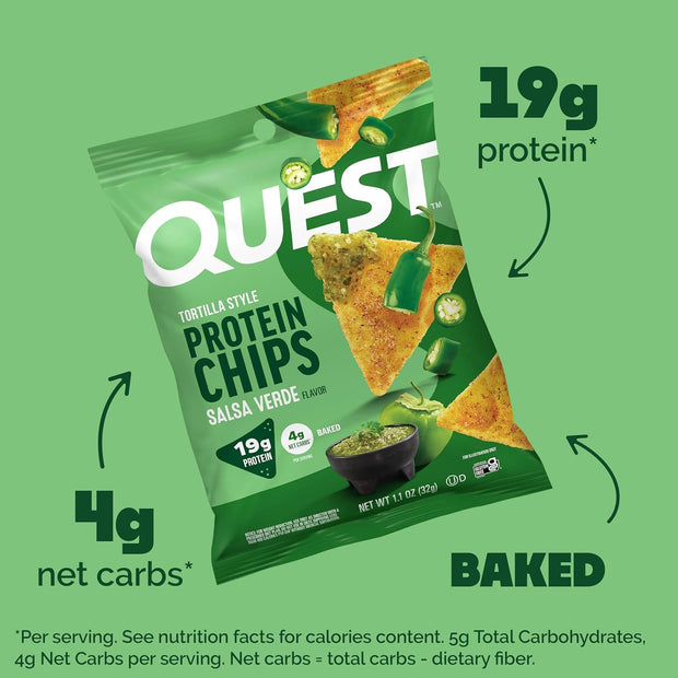 Quest Nutrition Tortilla Style Protein Chips, Salsa Verde, 19g of Protein, 4g Net Carbs, Gluten Free, 1.1 Ounce (Pack of 12)