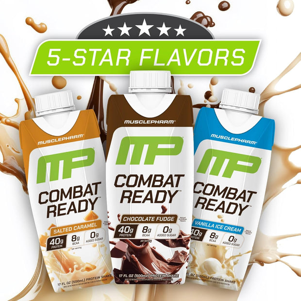 MusclePharm Combat Ready High Protein Shakes Ready to Drink, 40g Protein, 8g BCAAs, 8.7g Glutamine, 5g Fiber, No Added Sugar, Gluten Free, Chocolate Fudge, 17 Fl Oz (Pack of 12)