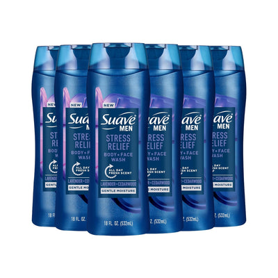 Suave Men’s Stress Relief Body + Face Wash, Gentle Moisture with Lavender & Cedarwood All Day Fresh Scent, 18 oz, 6 Pack