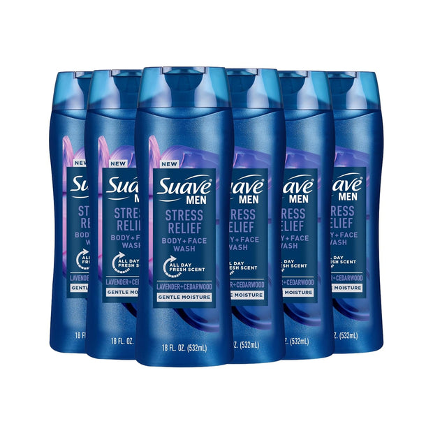Suave Men’s Stress Relief Body + Face Wash, Gentle Moisture with Lavender & Cedarwood All Day Fresh Scent, 18 oz, 6 Pack