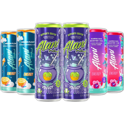 New Alani Energy Drinks Witches Brew, Dream Float, Hawaian Shaved Ice Variety Pack, Sugar-Free, Low-Calorie, 200mg Caffeine, Energy Boost Drink 12 fl oz (Pack of 6)