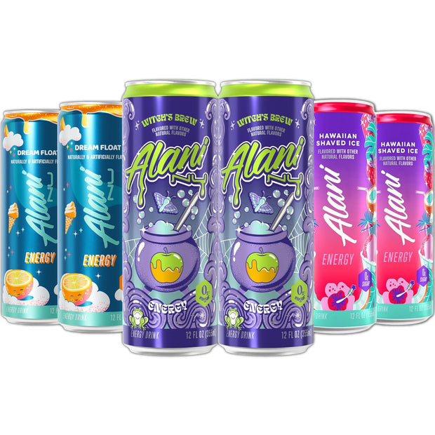 New Alani Energy Drinks Witches Brew, Dream Float, Hawaian Shaved Ice Variety Pack, Sugar-Free, Low-Calorie, 200mg Caffeine, Energy Boost Drink 12 fl oz (Pack of 6)