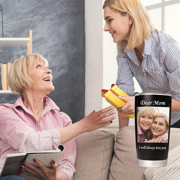 Personalized Tumbler with Pictures Text Name, Custom Stainless Steel Tumbler with Lid, Personalized Gifts for Women, Men, Christmas Birthday Mother's Day Gifts for Mom, Dad, Friend