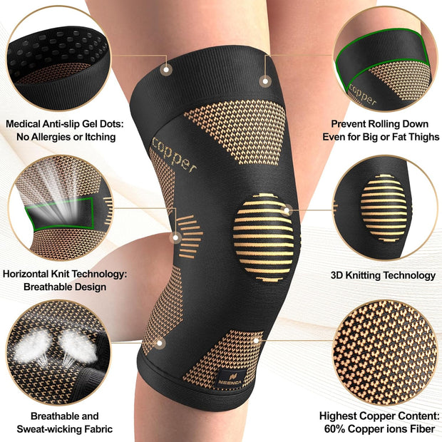 NEENCA Copper Knee Brace for Women and Men, Knee Compression Sleeve for Knee Pain, Arthritis, ACL, Meniscus Tear, Joint Pain Relief, Knee Support for Running, Working Out, Fitness,Weightlifting-Single