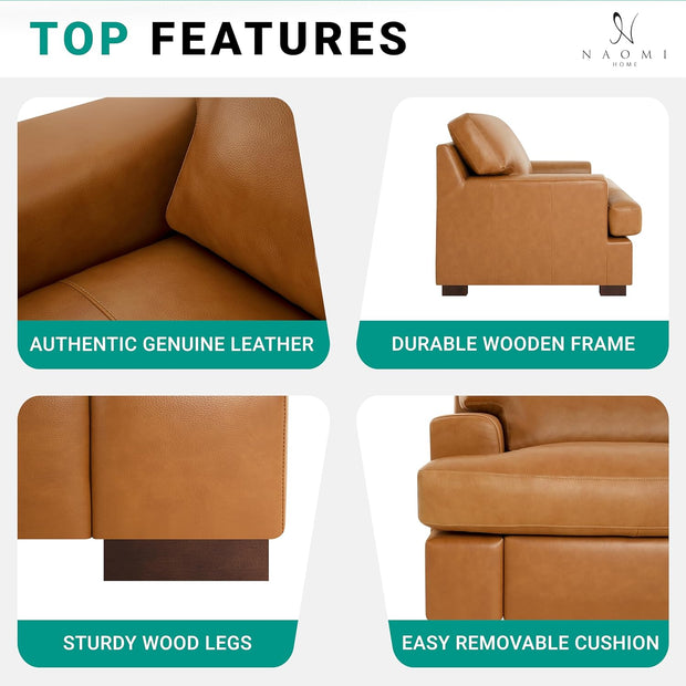 Naomi Home Siggy Genuine Leather Sofa - Set of 3 Luxurious Comfort, Goose Feather Cushion Filling, Square Arm Design, Sturdy Block Legs, Elegant Tan - Ideal for Living Room, Office, or Bedroom