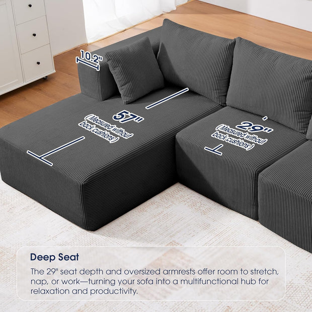 KINGYES Modular Sectional Sofa, 107'' Cloud Couch for Living Room, L Shaped Modern Sectional Sofa with Chaise for Bedroom, Grey