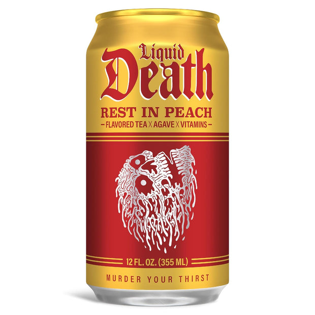 Liquid Death, Rest in Peach Iced Tea, 12-Pack (12 oz Cans), Peach Flavored Back Tea, Low Calorie, No Artificial Sweeteners, B12 & B6 Vitamins