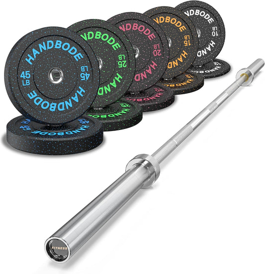Bumper Plate Olympic Weight Plate Set 2 - Inch, 10-55 lb Barbell Weight Plates for Home Gym, Black Rubber Strength Training Plate for Weight Lifting with 45 lb (20 kg) Black/Silver Barbell