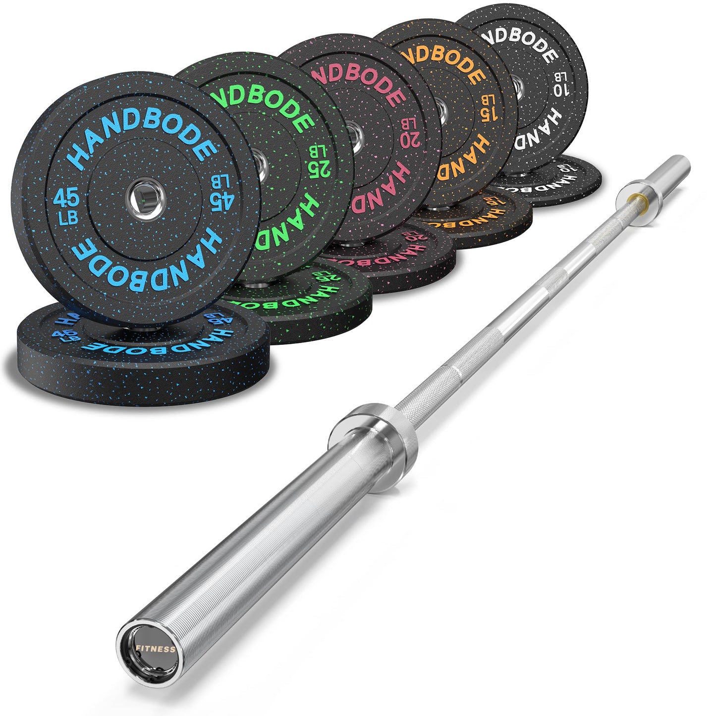 Bumper Plate Olympic Weight Plate Set 2 - Inch, 10-55 lb Barbell Weight Plates for Home Gym, Black Rubber Strength Training Plate for Weight Lifting with 45 lb (20 kg) Black/Silver Barbell