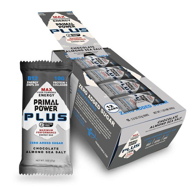 Primal Power Plus Liver Powered Nutrition Bars - B12 Energy Boost, 10g Protein, Vitamins, Minerals, Collagen, Zero Added Sugar, Gluten Free - Pack of 12 (Chocolate Almond Sea Salt Flavor)