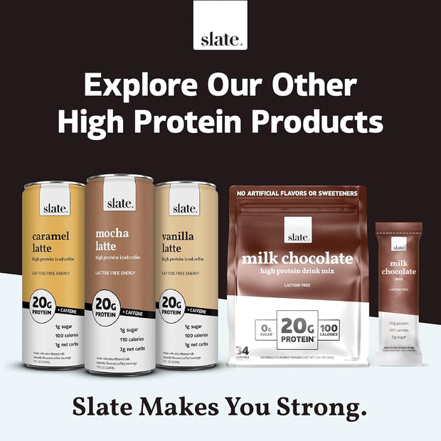Slate Milk - High Protein Milk Shake - Classic Chocolate - Lactose Free, 20g Protein, 1g Sugar, 100 Calories, 2g Net Carbs, No Added Sugar - Natural, Breakfast Boost, Post Workout - 11 fl oz, 24 Cans