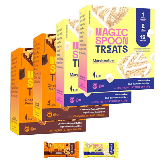 MAGIC SPOON Treats - High Protein, Low Carb, Keto Friendly, Low Sugar, Gluten Free, Crispy Protein Bar Cereal Bar, On-The-Go Healthy Snack (8 Chocolate PB Bars, 8 Marshmallow Bars)