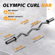 Olympic EZ Curl Barbell Bar 47", 2-Inch Curl Bar for Weight Lifting,Hip Thrusts,Squat,Biceps-Home Gym Weight Bar, Chrome Curling Bar for 2 Inch Weight Plates -2 Spring Collars(500lb Weight Capacity)