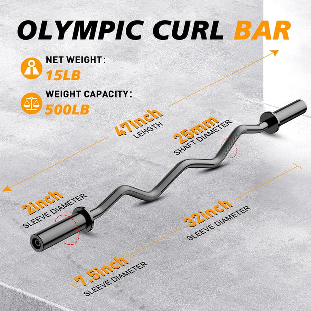 Olympic EZ Curl Barbell Bar 47", 2-Inch Curl Bar for Weight Lifting,Hip Thrusts,Squat,Biceps-Home Gym Weight Bar, Chrome Curling Bar for 2 Inch Weight Plates -2 Spring Collars(500lb Weight Capacity)