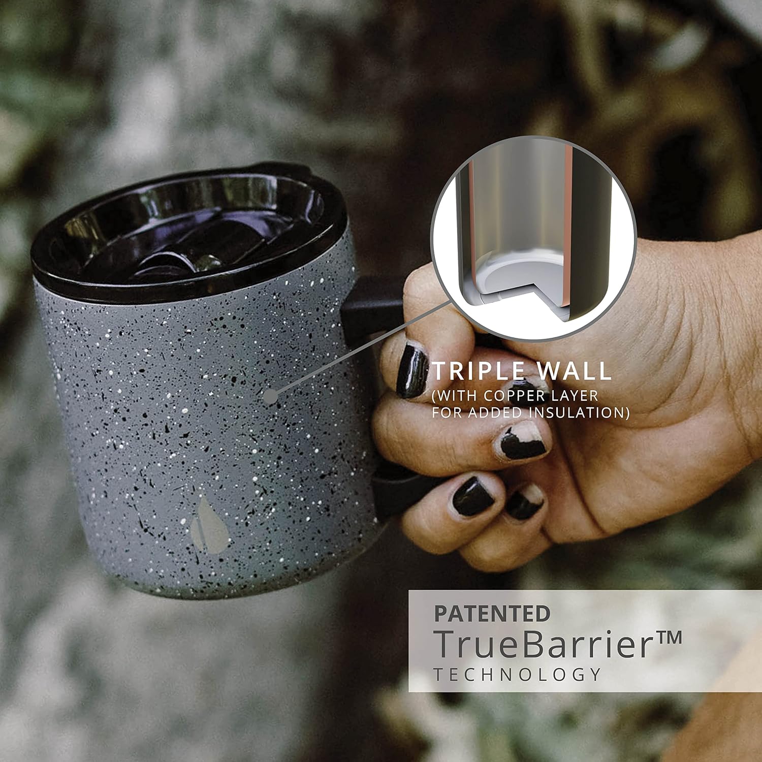 Elemental Insulated Coffee Mug - Triple-Wall Stainless Steel Summit Travel Cup for Hot and Cold Drinks - Thermal Coffee Mug with Lid and Handle for Camping, Office & Travel 12oz - Grey Speckle