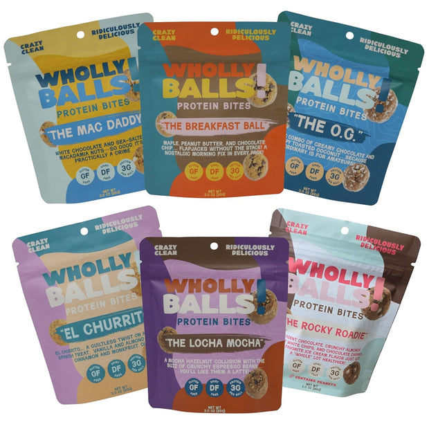 Wholly Balls Protein Bites – Healthy Plant-Based Snack – High Protein, Low Sugar, Gluten-Free Energy Balls (Pack of 6, Sampler Pack)