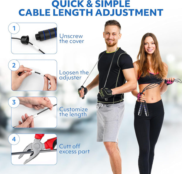 Jump Rope – Speed Jump Rope with Ball Bearings and Adjustable Cable – Jumping Cable for Men, Women, Kids – Ideal for Box, Sports, Cardio, Training – Tangle-Free Jumping and Memory Foam Handle