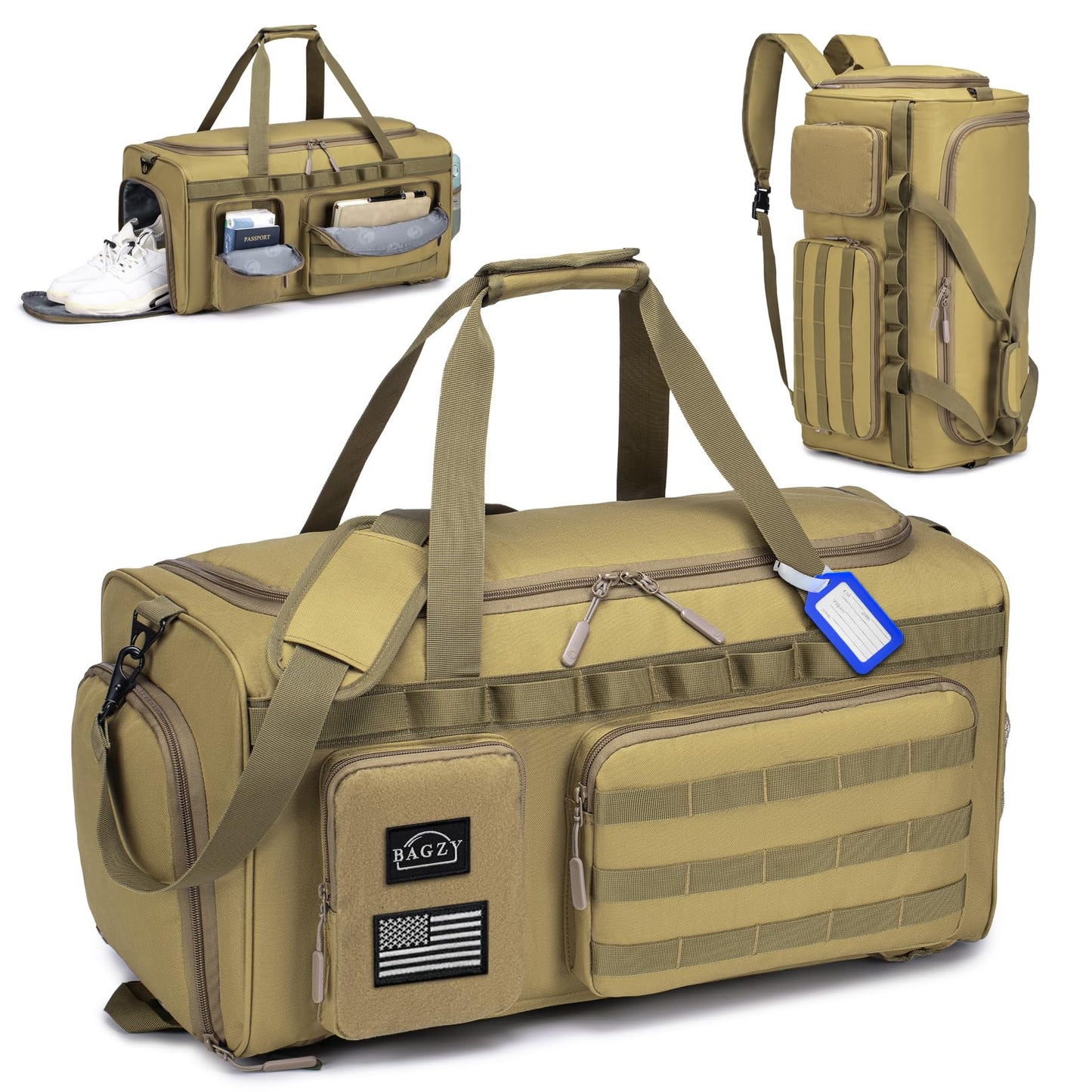 BAGZY 3 In 1 Tactical Military Travel Duffle Bag 40L with Shoe Compartment Gym Bag Backpack for Fitness Weekender Deployment Workout Black