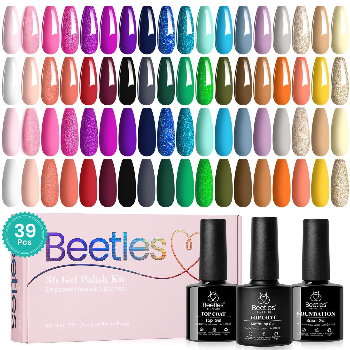Beetles Gel Nail Polish Set,119 PCS 100 Colors Gel Polish Kit Base Glossy Matte Glitter Top Coat Neon Glitter Pearl Cat Eye White Red Pink Nude Nails Gift for Women Beetles Infinite Styles 100 Colors