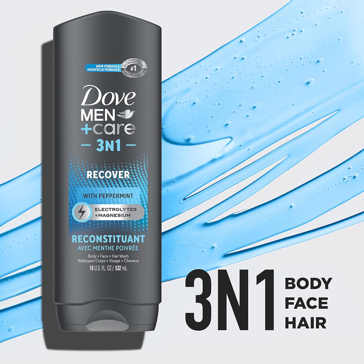 Dove Men+Care Post-Workout 3-IN-1 (Body + Face + Hair Wash) With Peppermint 4 Count Infused with Electrolytes + Magnesium 18 oz