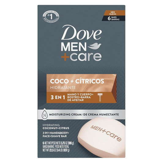 DOVE MEN + CARE Hidratante Coco + Cítricos Hand & Body Face + Shave Bar 6 Count for Hydrated Skin 3.75 oz
