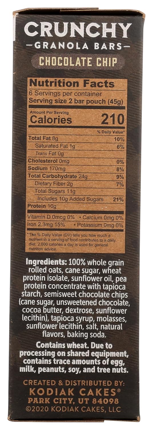 Kodiak Crunchy Granola Snack Bars, Chocolate Chip, High Protein, 100% Whole Grains, 1 box with 6 pouches (12 bars)