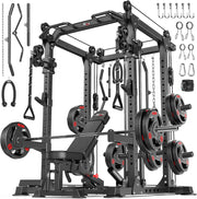 Power Cage Multi-Function Power Rack with Cable Crossover System,1800 LBS Capacity Squat Rack with Weight Bench,for Home Gym