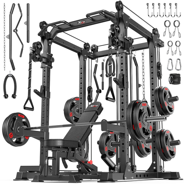 Power Cage Multi-Function Power Rack with Cable Crossover System,1800 LBS Capacity Squat Rack with Weight Bench,for Home Gym