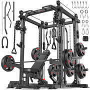 Power Cage Multi-Function Power Rack with Cable Crossover System,1800 LBS Capacity Squat Rack with Weight Bench,for Home Gym