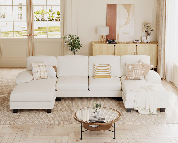 JUMMICO Sectional Couches for Living Room, U Shaped Couch with Chenille Fabric, 4 Seat Modern Sofa with Removable Pillows for Apartment and Small Space (Fabric, Grey)