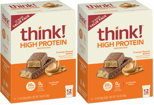 think! Protein Bars, High Protein Snacks, Gluten Free, Kosher Friendly, Creamy Peanut Butter, Nutrition Bars, 2.1 Oz per Bar, 12 Count (Packaging May Vary)