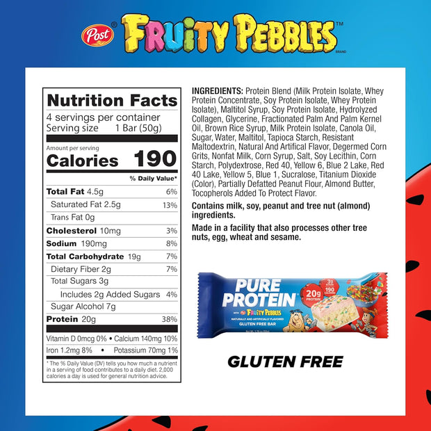Pure Protein Fruity PEBBLES™ Protein Bars – 20g Protein, 3g Sugar, 190 Calories (4 count) Low Sugar* High Protein Snack – Gluten Free - Perfect for a Healthy Snack.