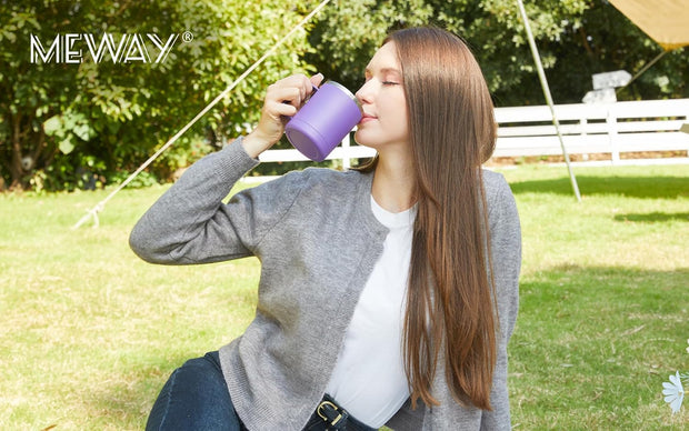 MEWAY 12oz Coffee Mug With Handle and Sliding Lid,Stainless Steel Travel Tumbler Cup with Handle,Double Wall Vacuum Insulated Camping Cup for Hot & Cold Drinks Tea (Purple,Set of 1)