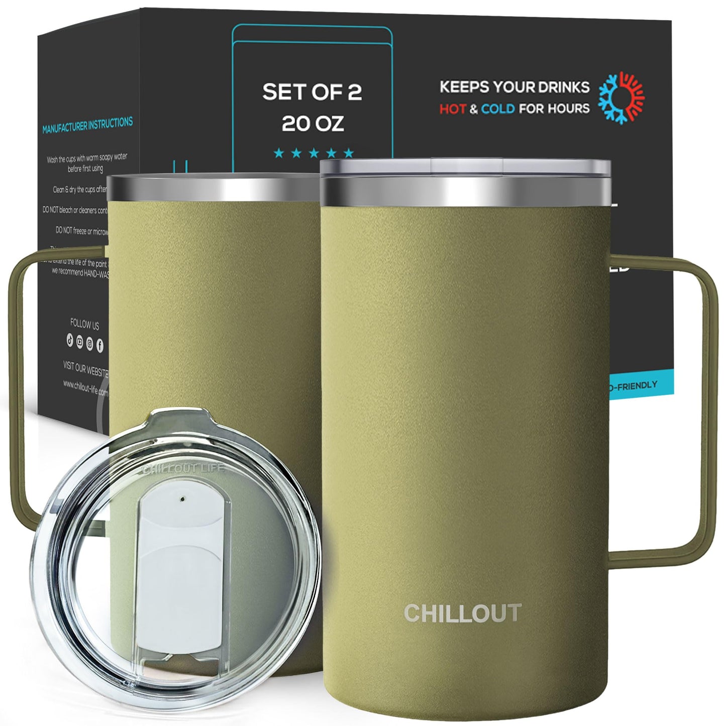CHILLOUT LIFE Stainless Steel Vacuum Insulated Coffee Mug 16 oz (Set of 2) with Handle and Lid, Large Thermal Camping Coffee Mugs with Sliding Lid for Men & Women, Keeps Your Beverages Hot & Cold