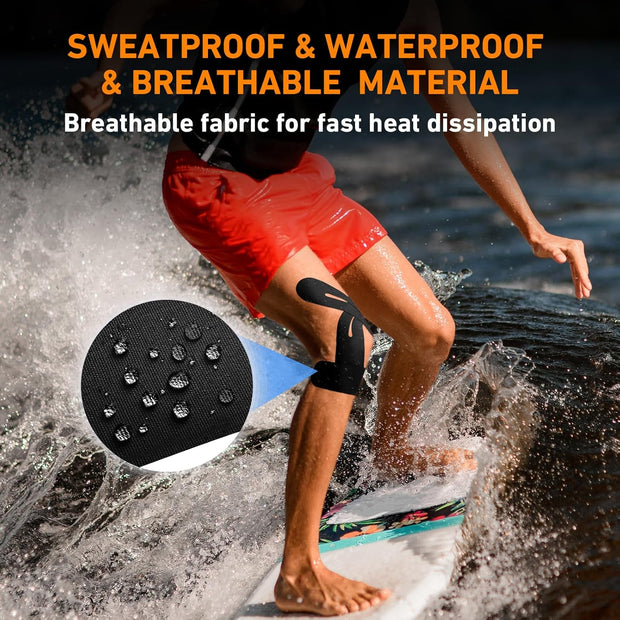 PreCut Kinesiology Tape for Knees, 12 PCS Waterproof KTQUICK Knee Tape for Knee Pain Relief Pre Cut, Original Cotton Athletic Knee Tape, Waterproof & Hypoallergenic Latex-Free for Sports (Black)