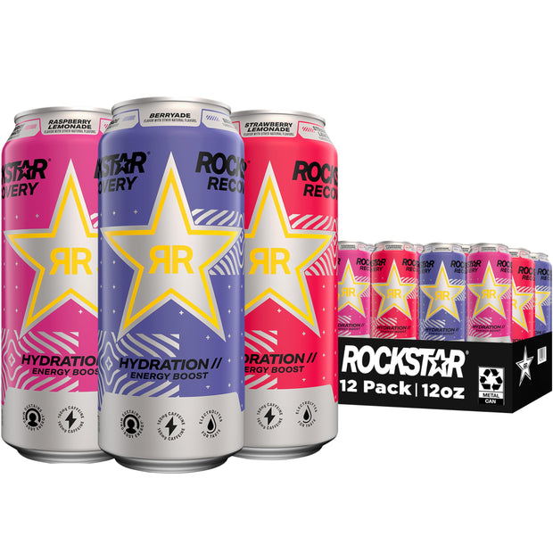 Rockstar Energy Drink with Caffeine Taurine and Electrolytes, Recovery Lemonade, 16oz (12 Pack) (Packaging May Vary)