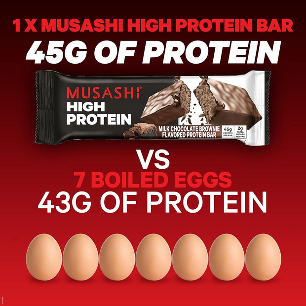 MUSASHI High Protein Bar, 45g Protein, 2g Total Sugars, Milk Chocolate Brownie, Post Workout and Protein Snack On The Go, 12 Pack of 3.2oz (90g) Bars