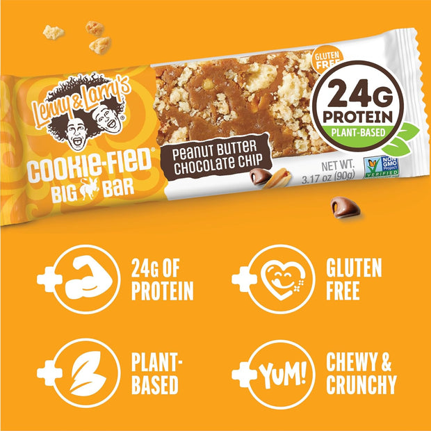 Lenny & Larry's Cookie-fied BIG BAR – Peanut Butter Chocolate Chip Vegan Protein Bars 12x90g – Healthy Snacks, 24g Plant Protein & 10g Prebiotic Fiber – Gluten free Power Bar, Keto Friendly & Vegan