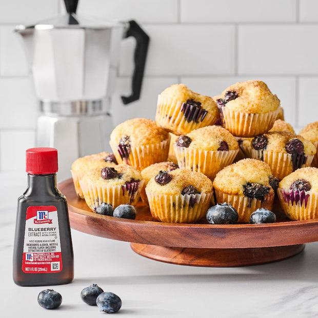 McCormick Blueberry Extract with Other Natural Flavors, Distinctive, Sweet Blueberry Flavor and Aroma for Baking Cookies, Cake, and Muffins, and Beverages Like Lemonade, Mocktails, and Smoothies, 1 fl oz
