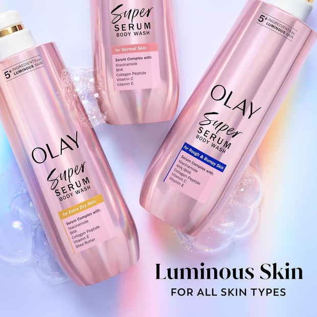 Olay Super Serum Body Wash for Extra Dry Skin, 24hr Long Lasting Hydration, 5+ Ingredient Serum Complex for Bright Even Firm Luminous Skin, 18.5 fl oz