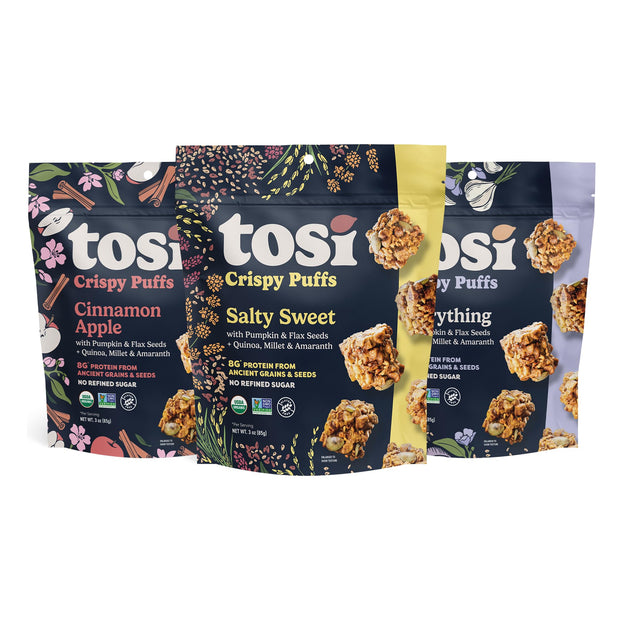 Tosi Crispy Puffs (3oz, 4 Pack), Vegan Crunchy Snacks, 8g Plant Based Protein, Nut-Free, Allergen Friendly, Healthy Snacks for Adults & Kids, Gluten Free Treats, Ancient Grains (Cinnamon Apple)
